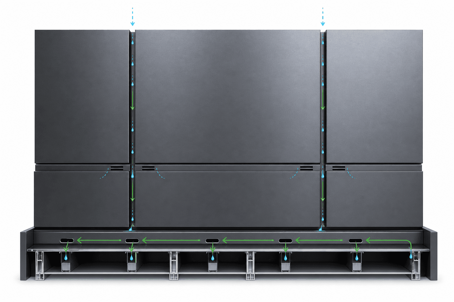Technical illustration of Turtle Rib ACM panel showing dry joints, gutter chase, obround weep holes, vent slots, and drainage flow paths
