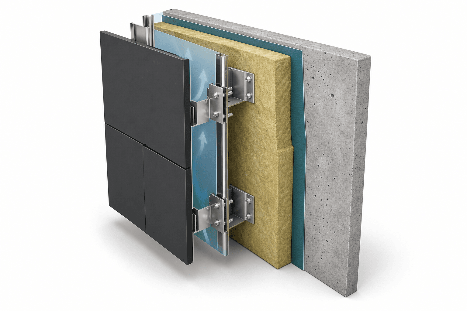 Isometric technical illustration of a Turtle Rib rainscreen wall assembly showing ACM panel, clip, vent cavity, insulation, weather barrier, and substrate