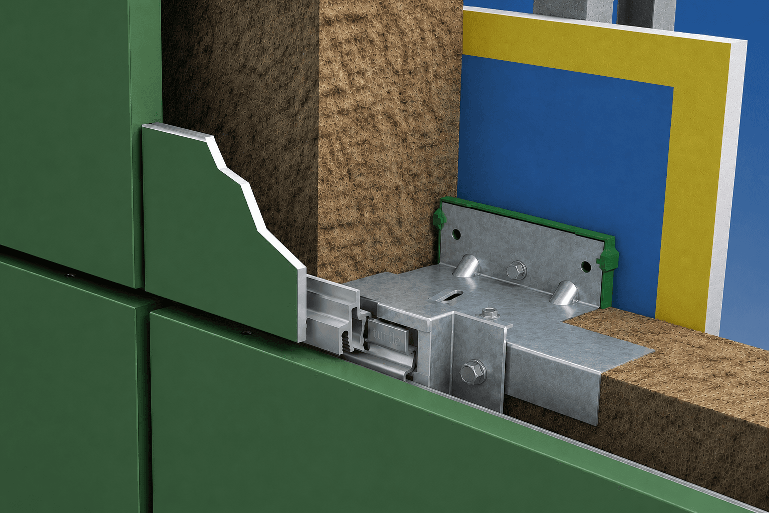 Isometric technical illustration of a Turtle Rib rainscreen wall assembly showing ACM panel, clip, vent cavity, insulation, weather barrier, and substrate